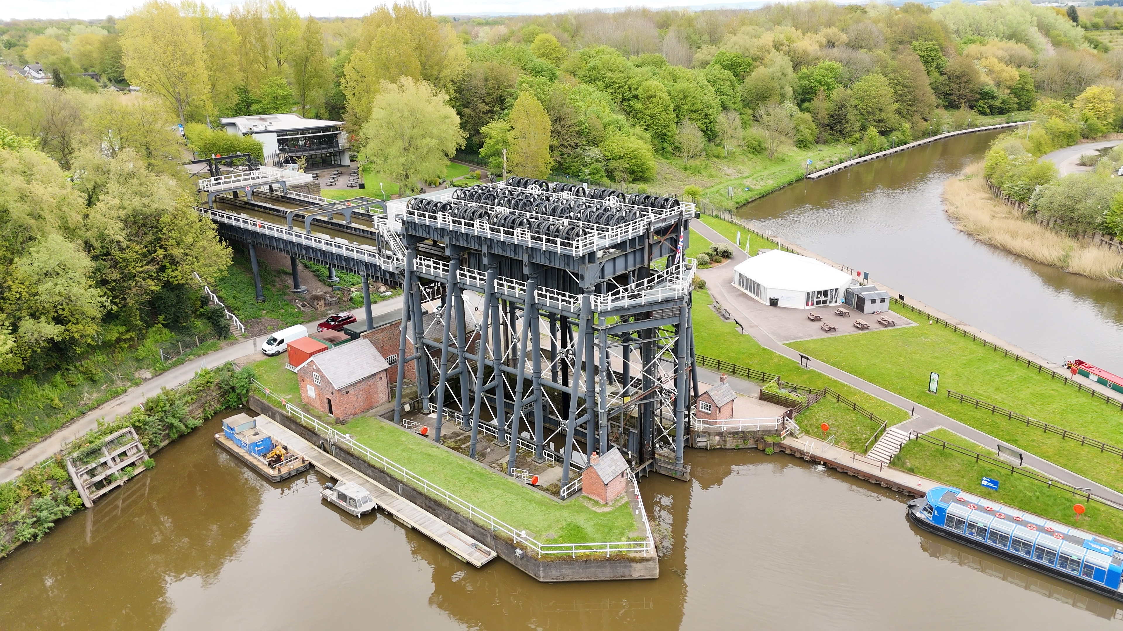 Aerial drone view of Anderton Boat Lift on the River Weaver, UK